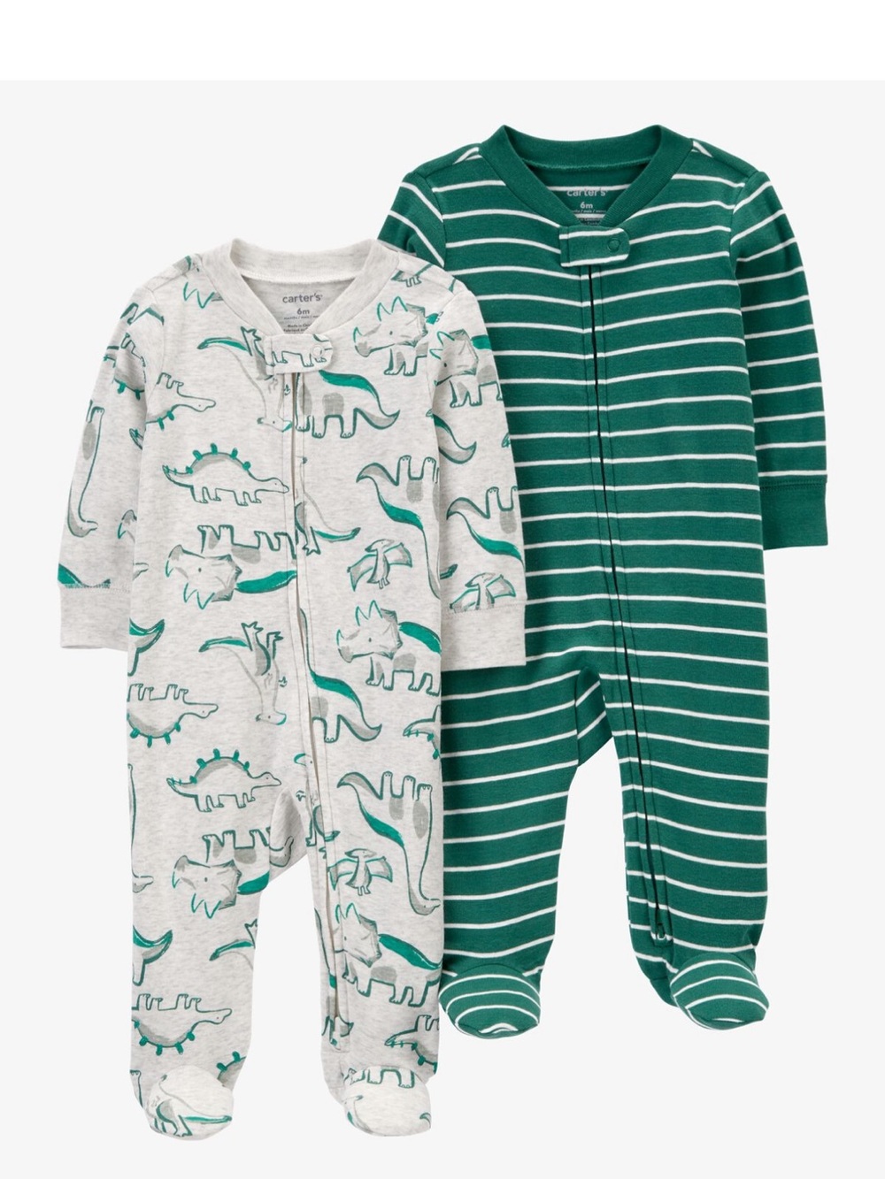 Carter's Green Striped & Gray Dino Footed One-Piece Sleepers - 2-Pack